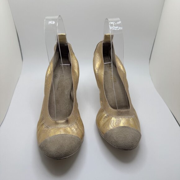 Chanel Scrunch Pumps Suede Cap Toe Leather Rubber Sole Slip-On Gold/Grey 41.5 - Picture 6 of 16